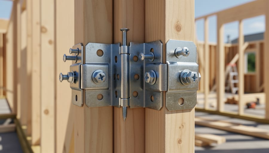 Close-up of carpenter installing metal joist hanger into wooden framing