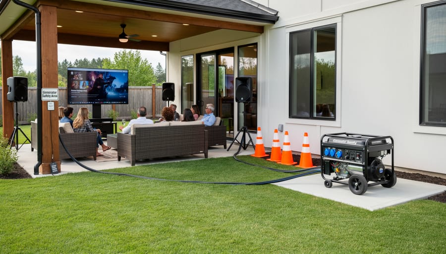 Portable generator unit positioned safely on concrete pad with power connections