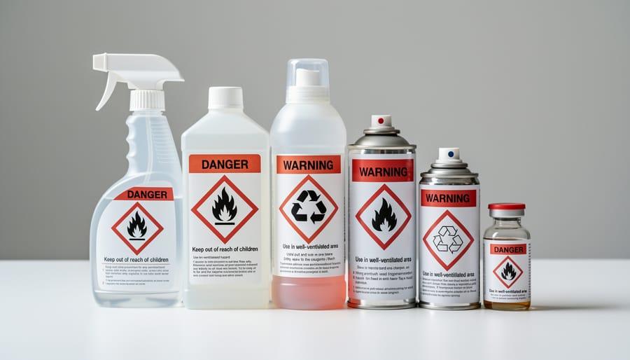 Close-up of hand holding container with GHS hazard warning symbols and safety labels