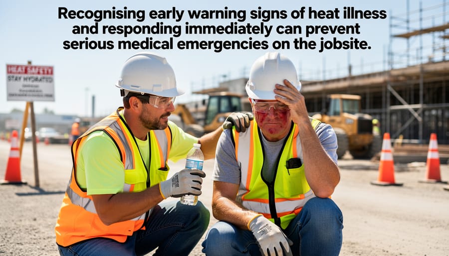 Supervisor and coworker assisting construction worker experiencing heat exhaustion symptoms