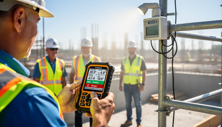 Worker holding digital heat stress monitoring device on construction jobsite