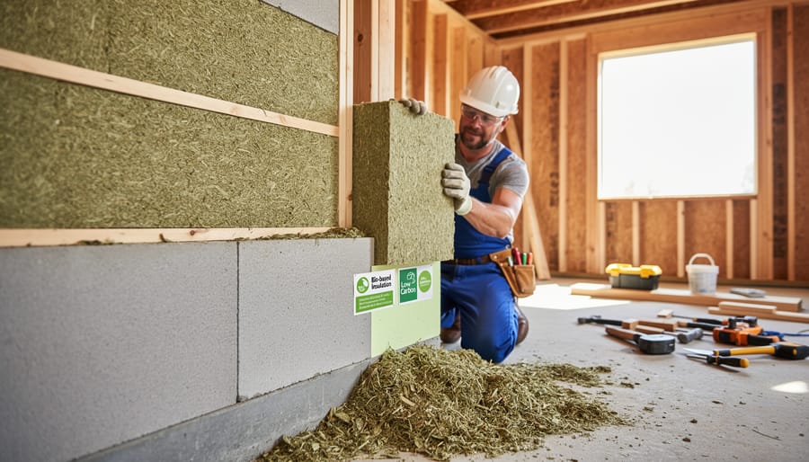 Construction worker mixing hempcrete bio-based insulation material in bucket