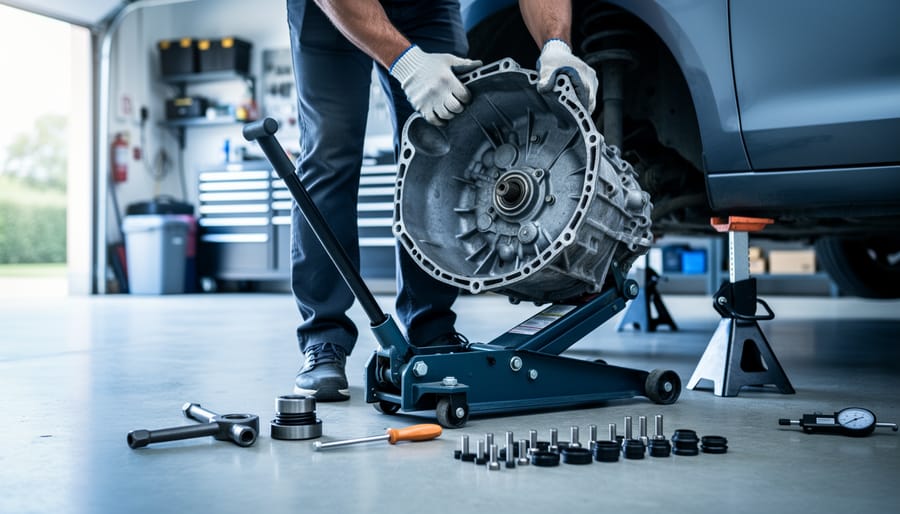 DIY mechanic positioning a car gearbox on a hydraulic transmission jack, with a bearing puller, seal/bushing driver set, and a dial indicator nearby, in a softly lit garage with blurred tool shelves in the background.