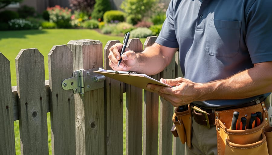 Close-up of hands inspecting vinyl fence post connection and hardware