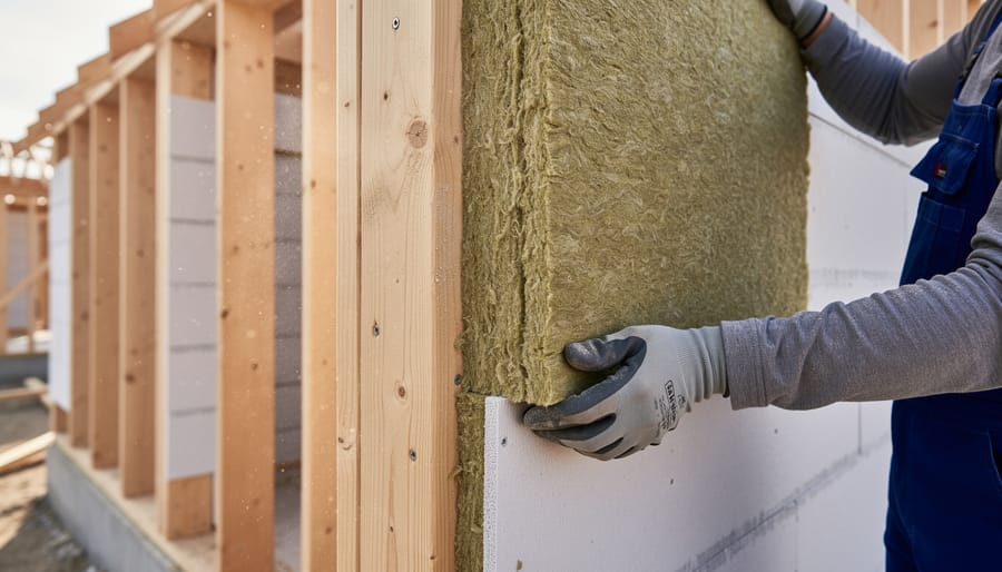 Construction worker installing insulation batts in wall cavity during passive building construction