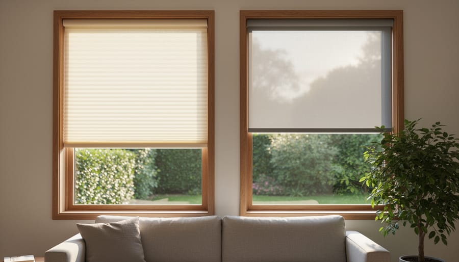 Eye-level photo of a modern living room with a honeycomb cellular shade and a partially lowered solar screen roller shade on large windows, diffusing afternoon sunlight over a sofa and hardwood floor with a leafy garden visible outside.