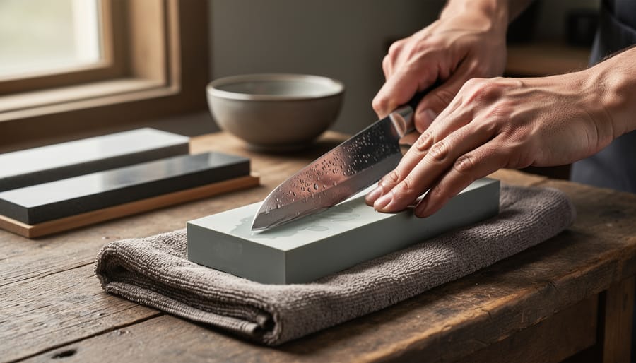 Close-up of hands sharpening a chef’s knife on a Japanese water stone set on a damp towel, slurry visible on the stone, soft side daylight, with extra stones and a water bowl blurred in a minimalist workshop background.