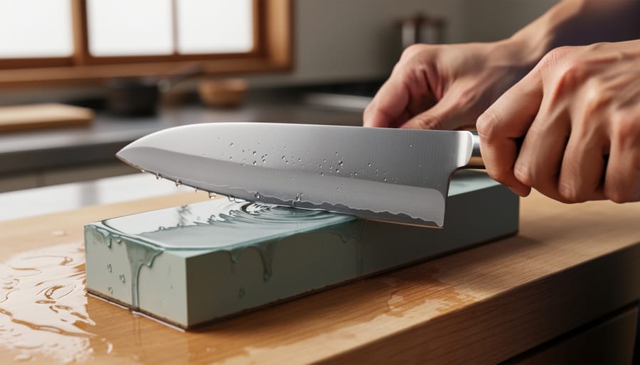 Close-up of knife blade being sharpened on Japanese water stone with proper angle technique