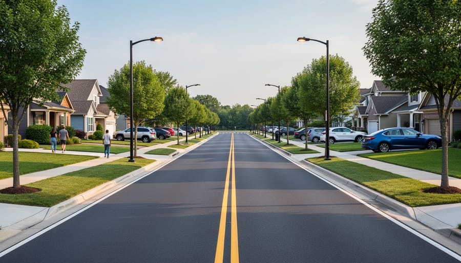Well-maintained suburban street with clean sidewalks and modern street lighting