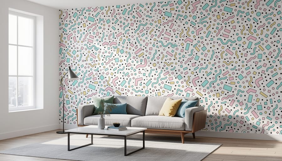 Bedroom feature wall with colorful Memphis design peel-and-stick wallpaper showing geometric patterns