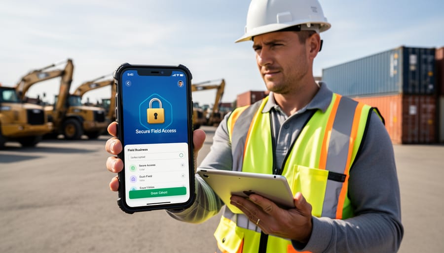 Construction worker holding smartphone with security features in tool hire workshop
