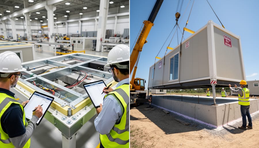 Building inspector examining structural connections of modular construction unit