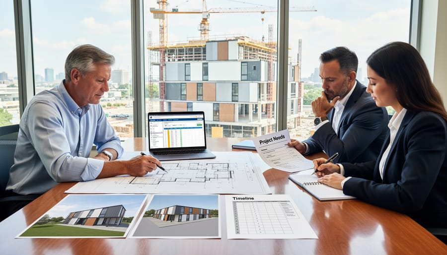 Business professionals consulting at modular construction site reviewing project documents