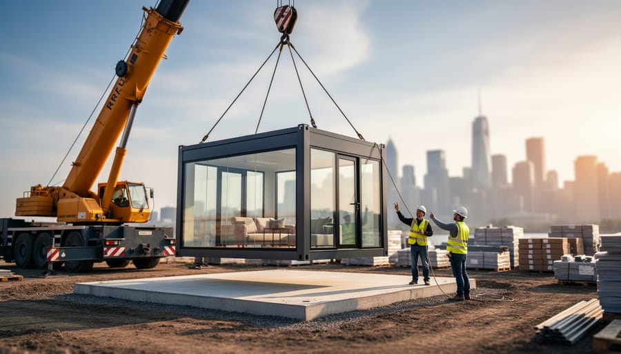 Crane lowering a glass-front modular building section onto a prepared foundation at a commercial site, with two workers in hard hats and high-visibility vests guiding under warm golden-hour light.