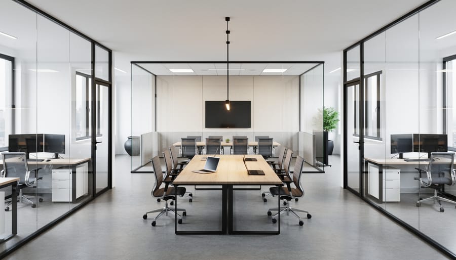 Interior view of contemporary modular office space with natural lighting and modern furnishings