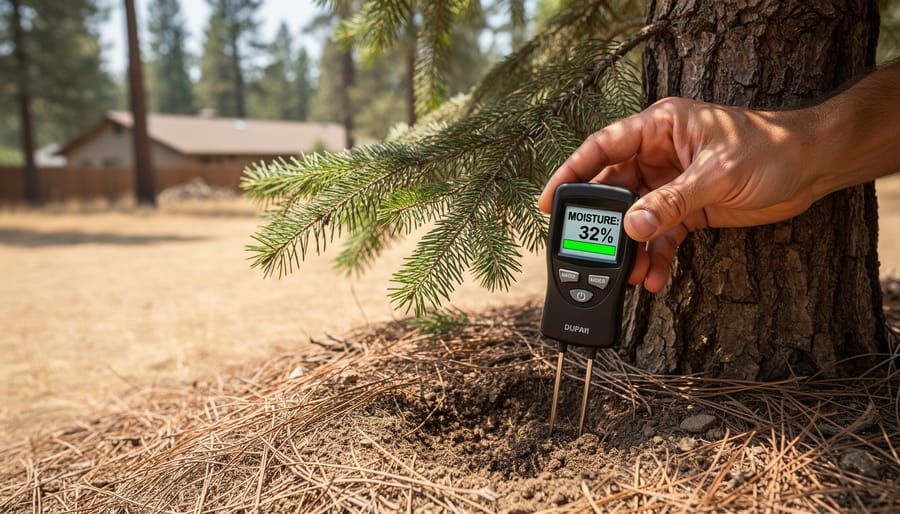 Hand using moisture meter to test Christmas tree branch hydration level