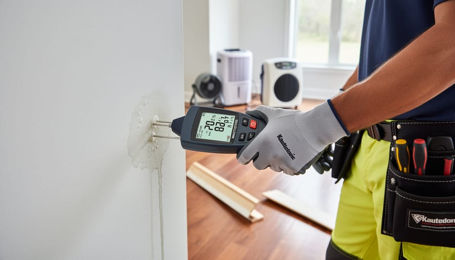 Hand holding moisture meter against drywall to detect water damage