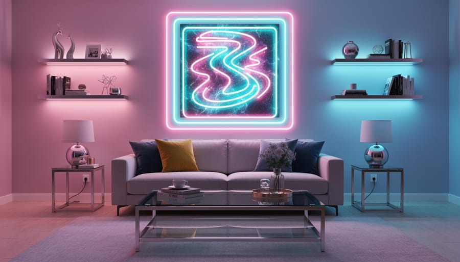 Living room corner with pink LED neon geometric sign, chrome floor lamp, and brass plant stand