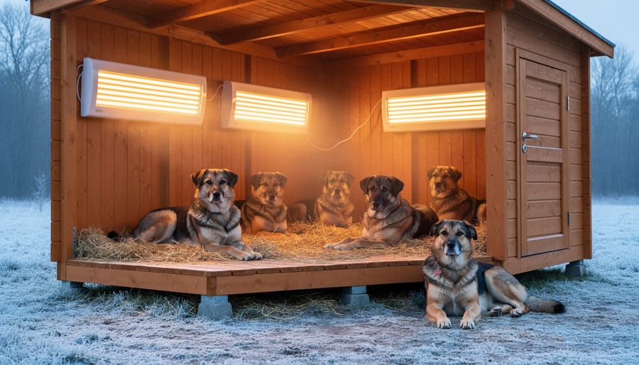 German Shepherd dog in insulated wooden dog house with ceiling-mounted radiant heater