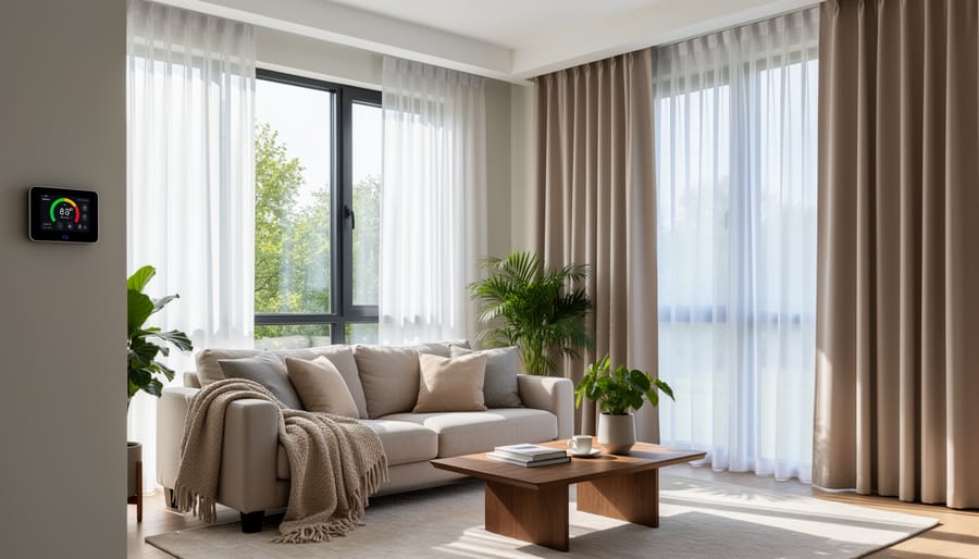 Homeowner adjusting window shade to control sunlight in passive design home interior