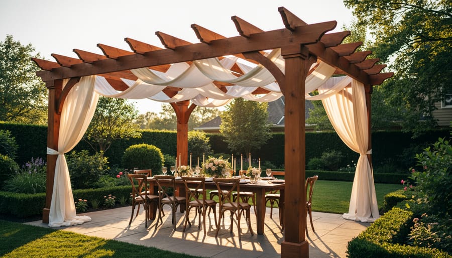 White pergola with fabric draping and string lights in backyard setting