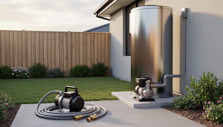 Small backyard with a stainless steel rainwater tank and fixed electric transfer pump on a concrete pad, plus a compact portable transfer pump with coiled hoses in the foreground, garden beds and wooden fence behind.