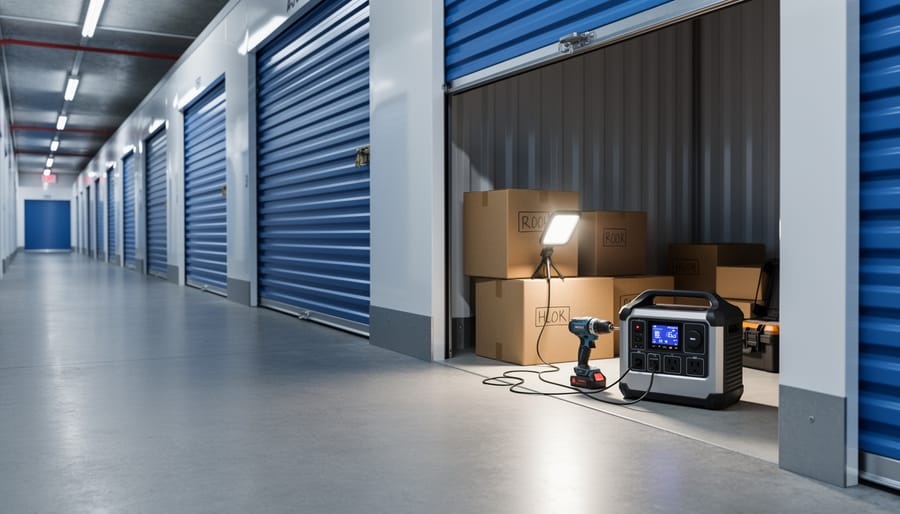 Portable battery power station with cordless tools in storage unit