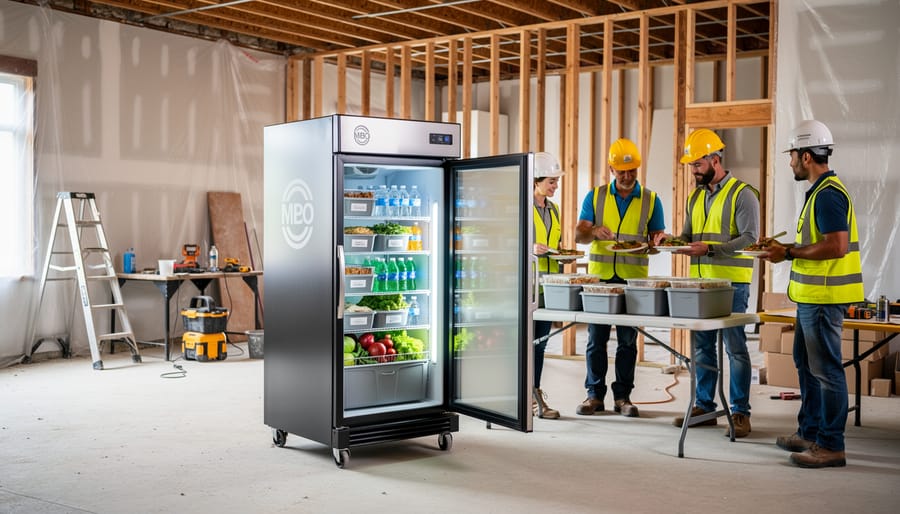 Temporary refrigeration unit and organized food storage setup on residential renovation site