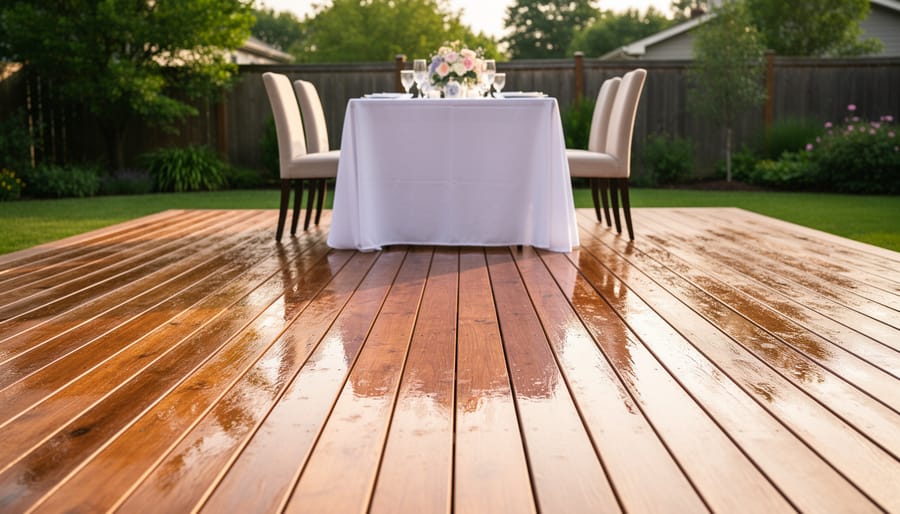 Clean wooden deck after power washing with water beads and sunlight