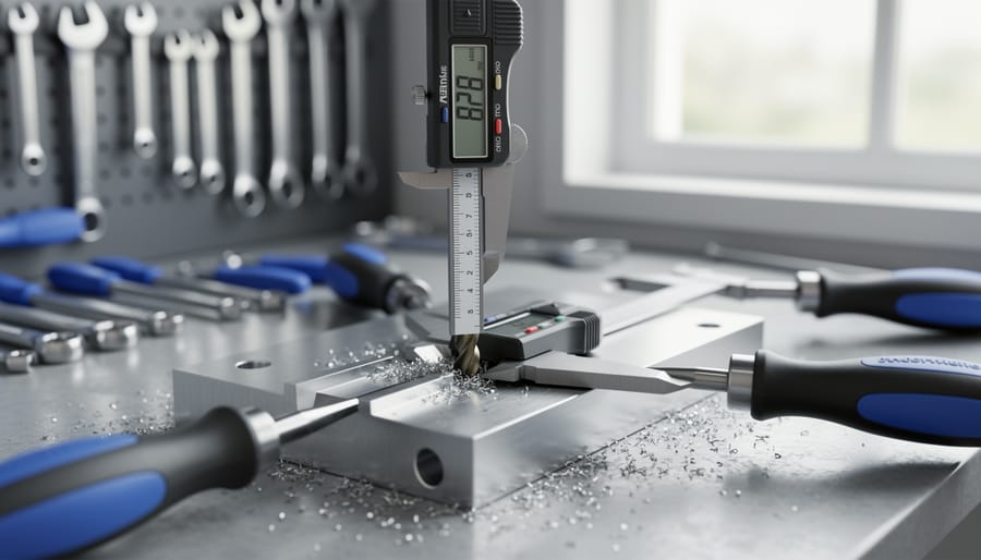 Close-up of contractor using track saw for precise wood cutting with measuring tape