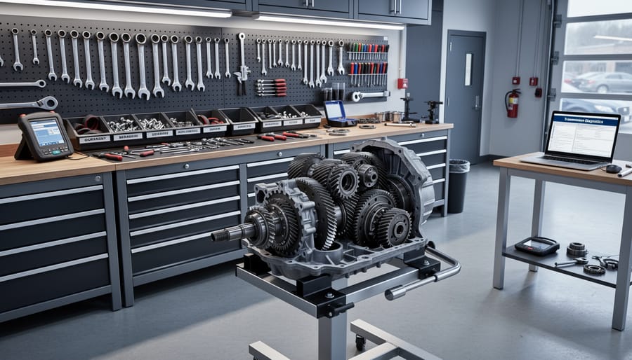 Organized home garage workspace with transmission and hired specialized tools arranged on workbench