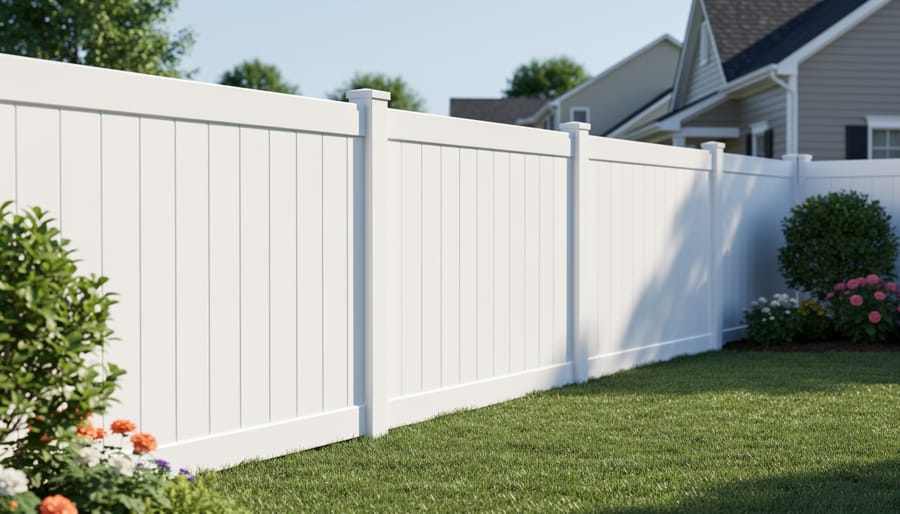 Clean white vinyl privacy fence in pristine condition in residential backyard