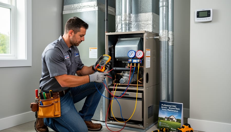 HVAC technician using diagnostic tools to inspect air conditioning system