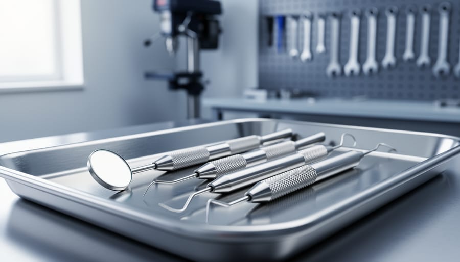 Sterile stainless dental mirror, scaler, and explorer on a clinic tray under soft light, with a blurred benchtop drill press and tools in the background.