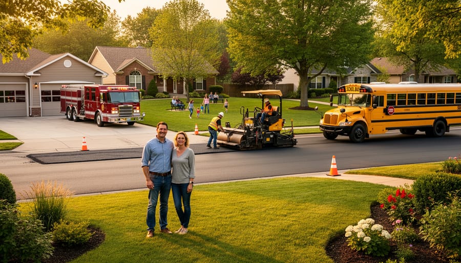 Homeowner couple on a suburban street with a school bus, fire engine, road maintenance crew, and park at golden hour, illustrating how property taxes fund local services.