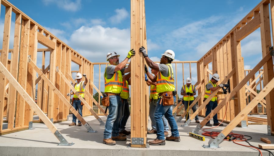 Construction workers in safety gear raising wall frame into vertical position
