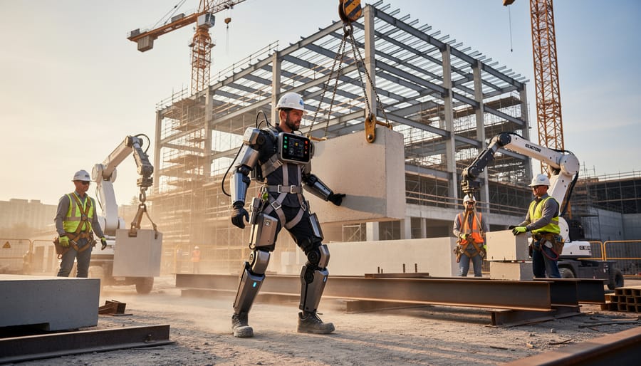 Construction worker using robotic exoskeleton to lift heavy materials