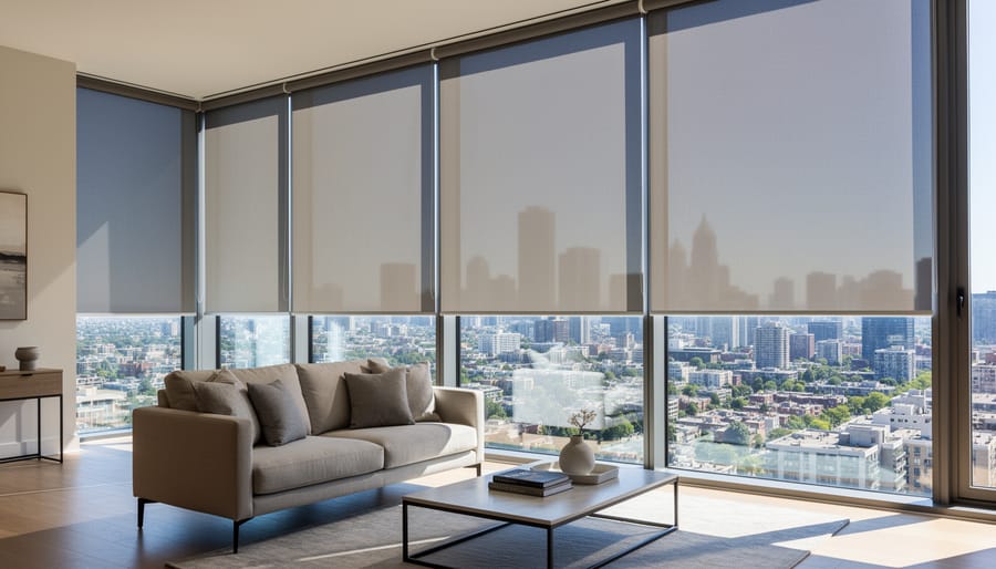 Close-up of white roller solar shade on window showing light-filtering fabric texture