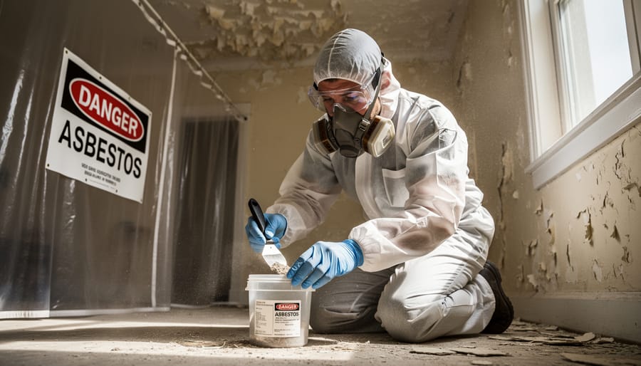 Person wearing protective glove carefully collecting ceiling material sample for asbestos testing