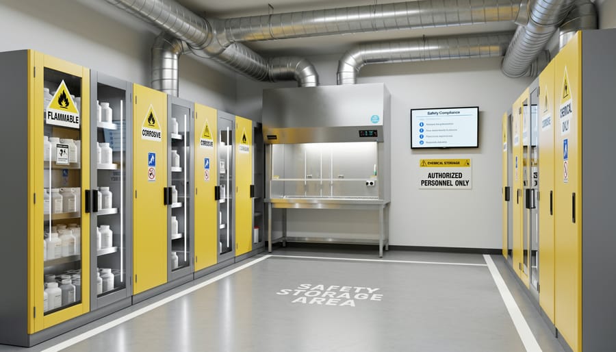 Well-organized workshop storage area with flammable materials cabinet and proper ventilation