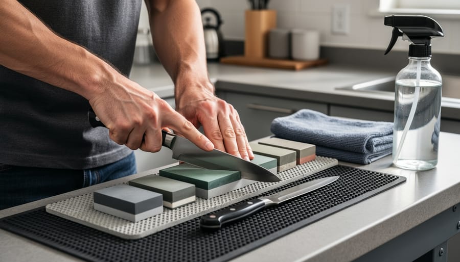 Overhead view of organized Japanese knife sharpening workspace showing proper setup and hand positioning