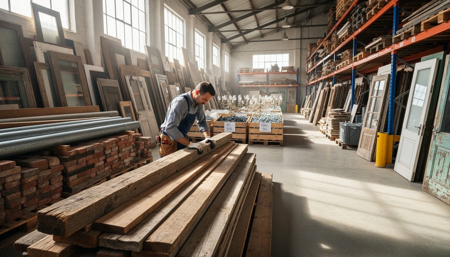 Organized collection of salvaged construction materials including timber, doors, and bricks ready for reuse
