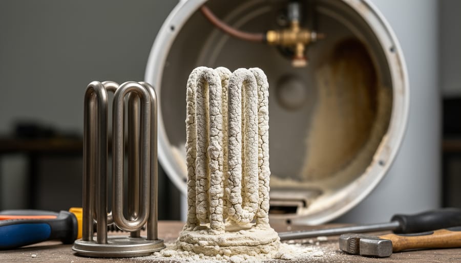 Comparison of scaled heating element with mineral deposits next to clean new element