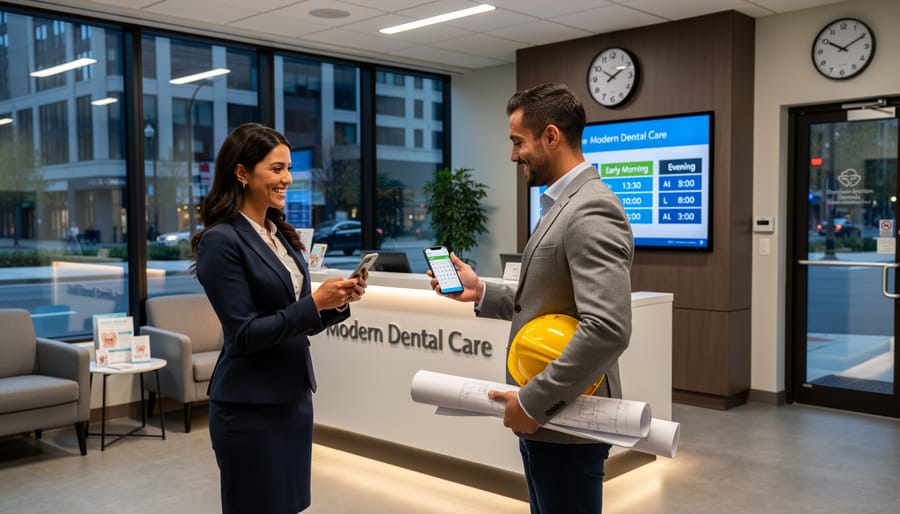 Tradesperson scheduling dental appointment on smartphone in modern dental office