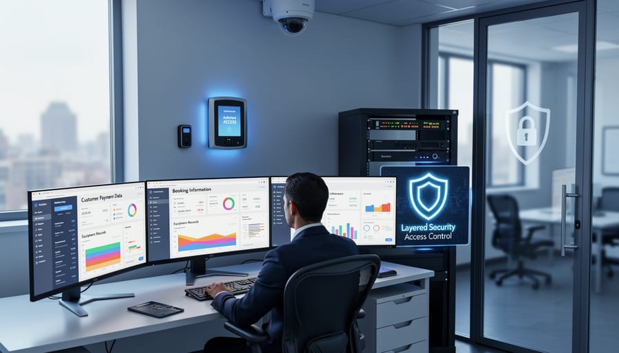 Secure laptop workstation in construction tool hire business office environment