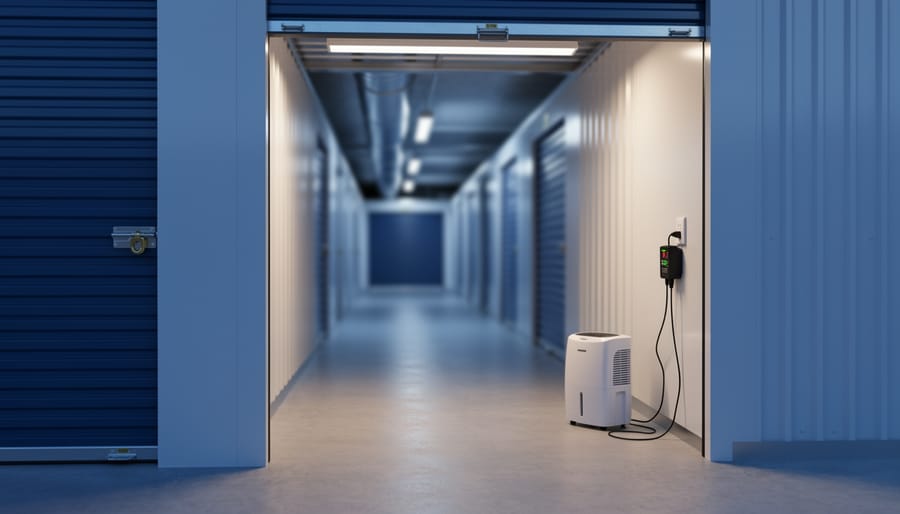 Open self storage unit with an electrical outlet powering a battery charger and small dehumidifier, contractor tools on a shelf, and a darker adjacent unit behind a closed door, with a blurred corridor in the background.