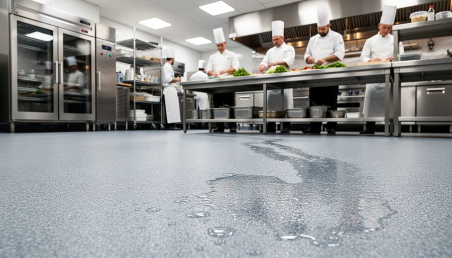 Worker's boots on wet textured epoxy flooring showing anti-slip surface in food facility