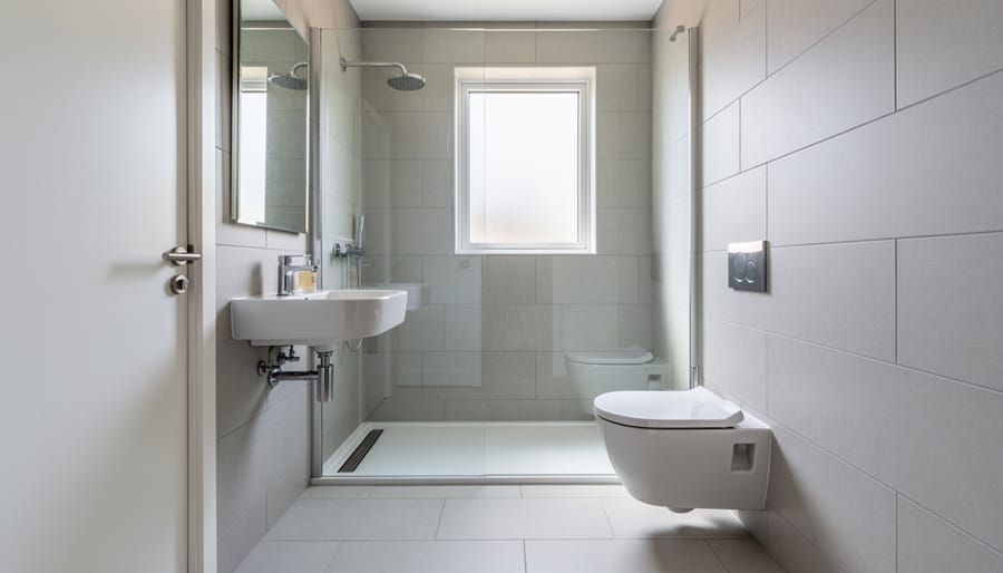 Wall-mounted toilet and corner pedestal sink demonstrating space-saving bathroom fixtures