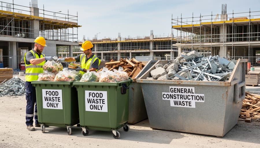 Specialized food waste bins positioned alongside construction skips on building site