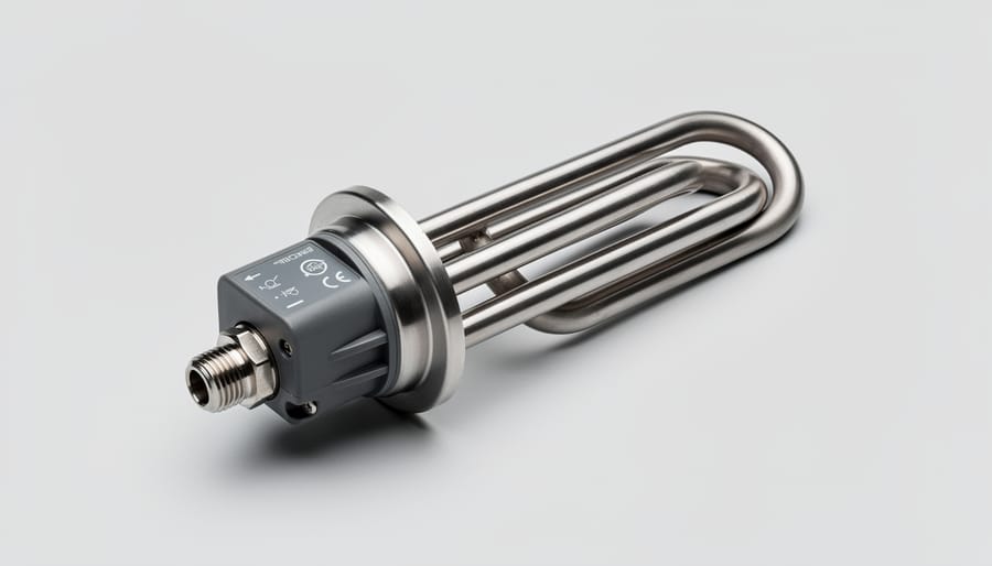 Stainless steel water heater element with threaded flange and electrical terminals